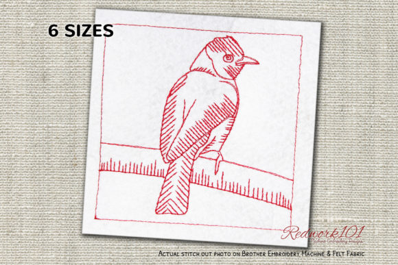 African Red-Eyed Bulbul Redwork Embroidery