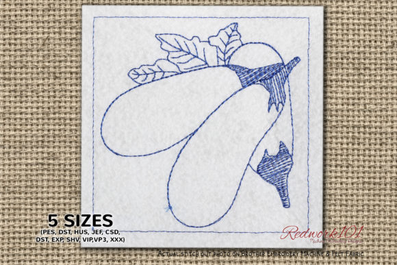 Charming Three Eggplant with Leaves Redwork