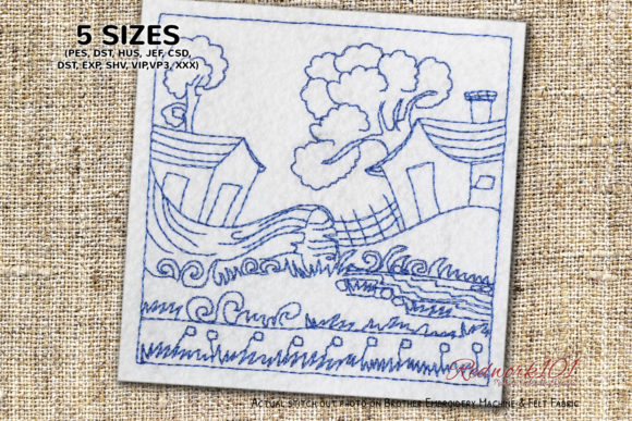 Landscape Scene of Village: A Charming Embroidery Design